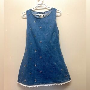 Denim Embroidered Sleeveless Dress with Lace Trim
